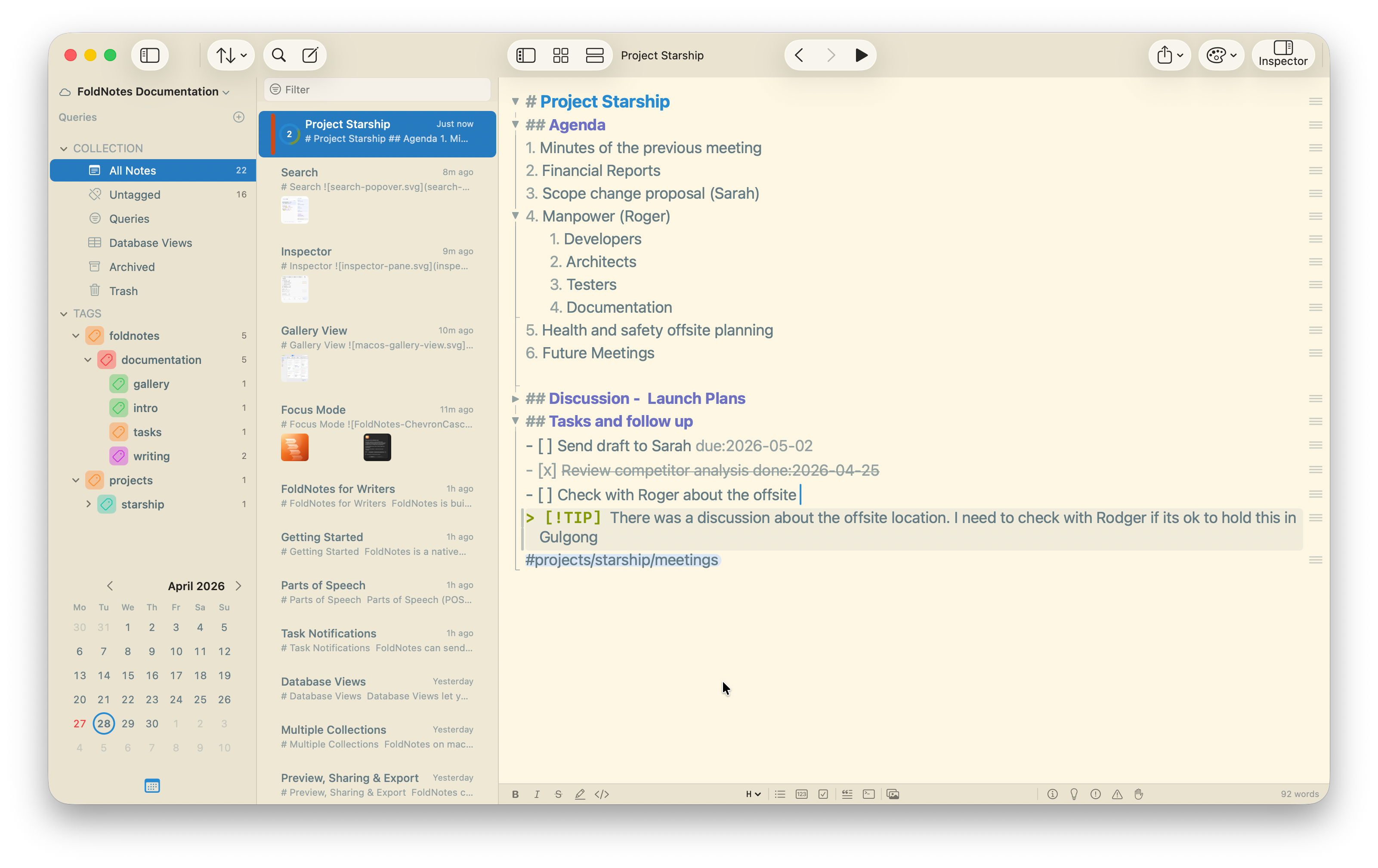 FoldNotes on macOS — markdown editor with folding, inline tasks, and tags