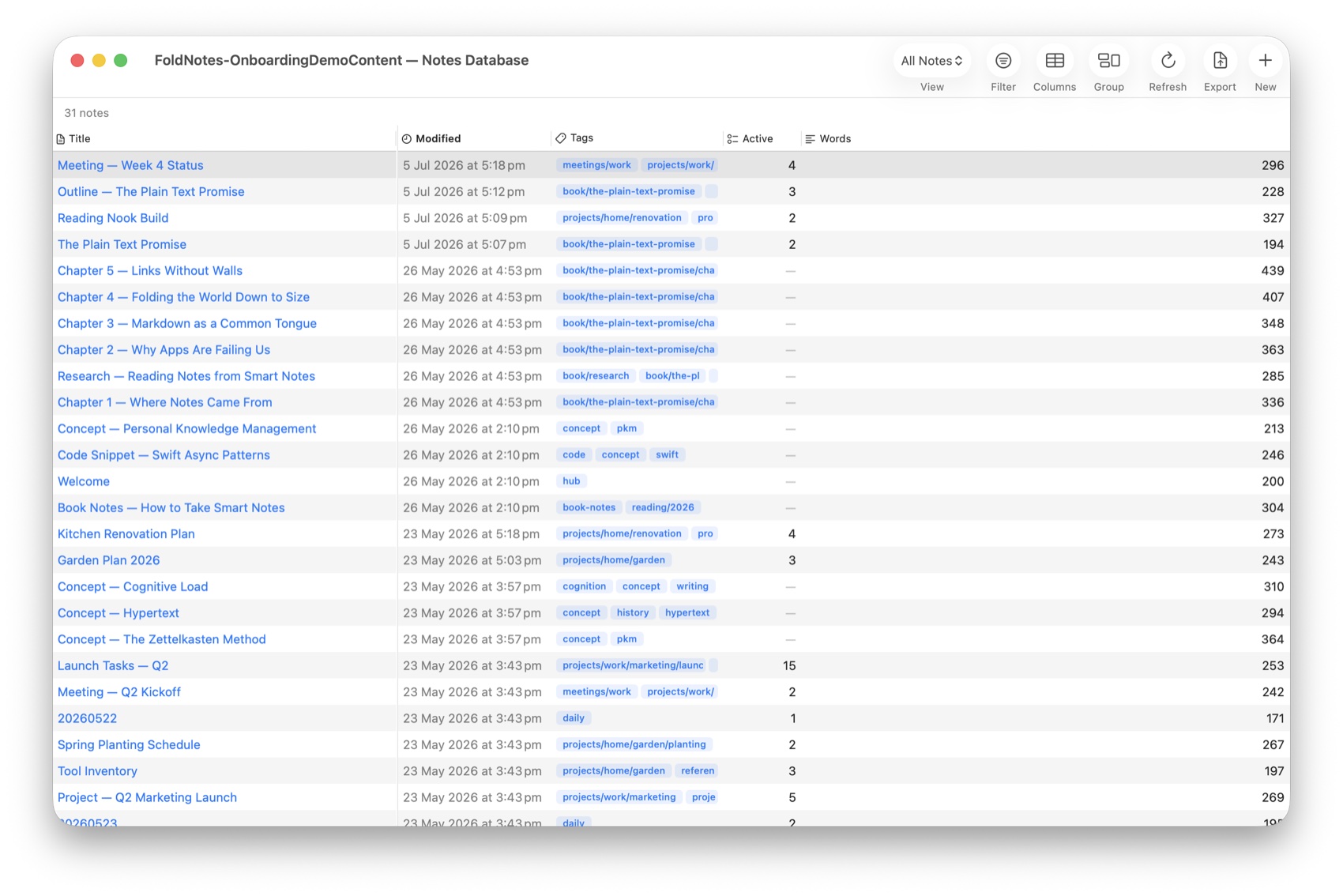 FoldNotes Database Views showing notes in a table with Title, Modified, Tags, Active, and Words columns
