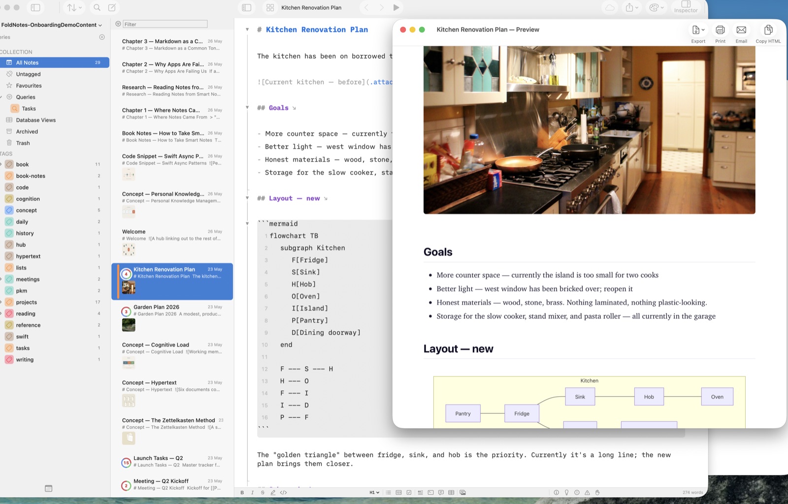 FoldNotes editor beside a live preview rendering a Mermaid diagram and an embedded image