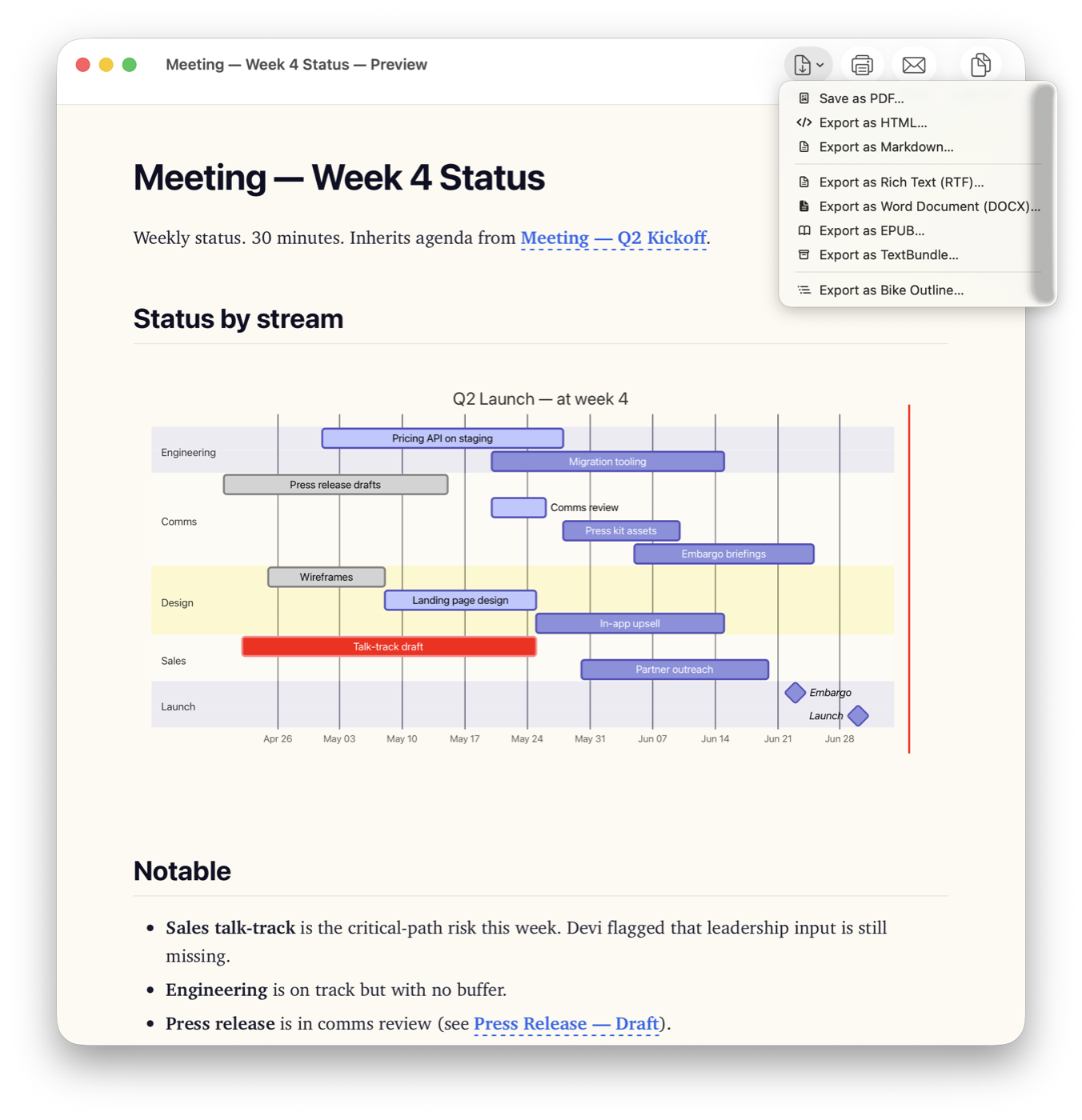 FoldNotes export menu: Save as PDF, HTML, Markdown, RTF, Word, EPUB, TextBundle, and Bike Outline