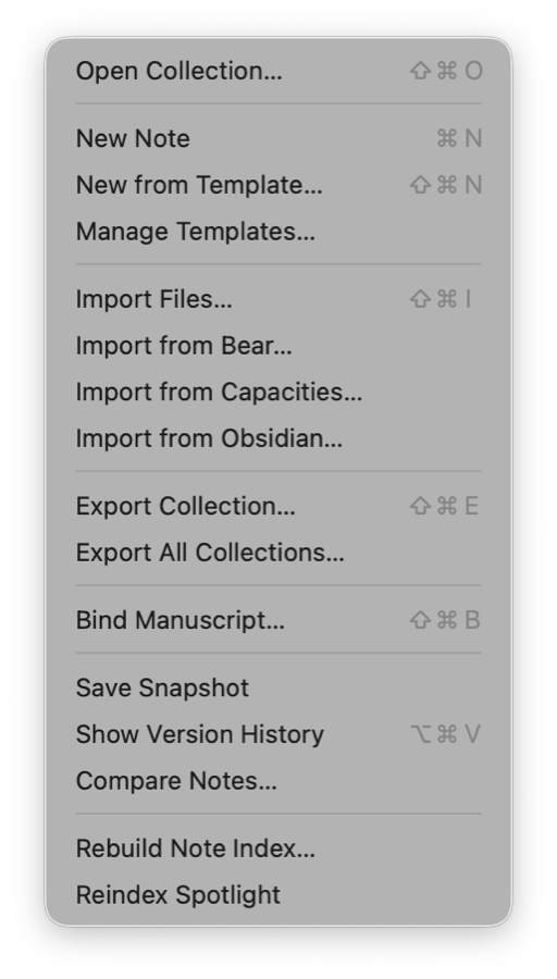 FoldNotes File menu with import from Bear, Capacities, Obsidian, export collection, and bind manuscript options