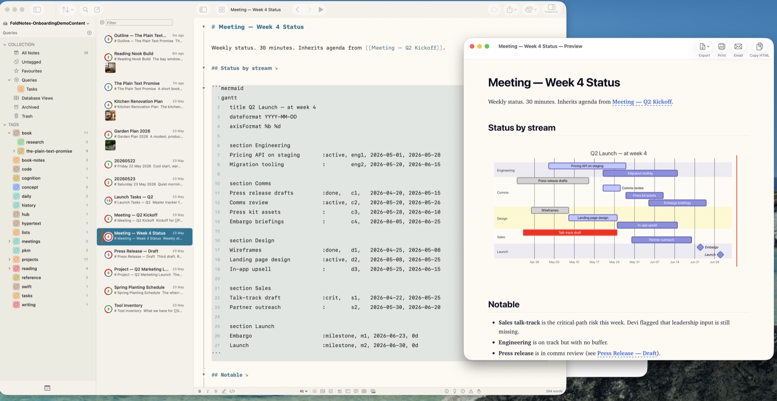 FoldNotes editor showing fold arrows beside headings, next to a live preview