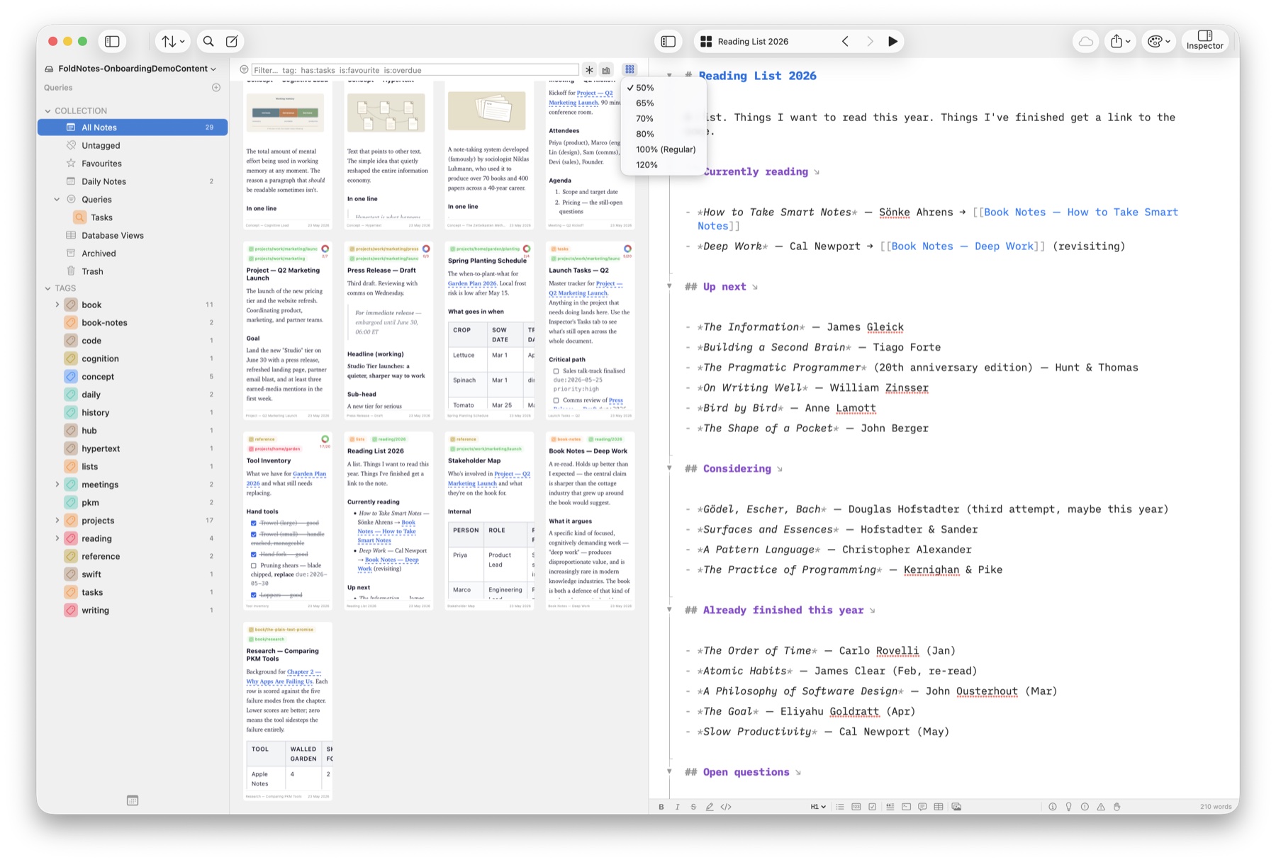 The same FoldNotes gallery at 50% card size — four dense columns of note cards for a birds-eye overview of the collection