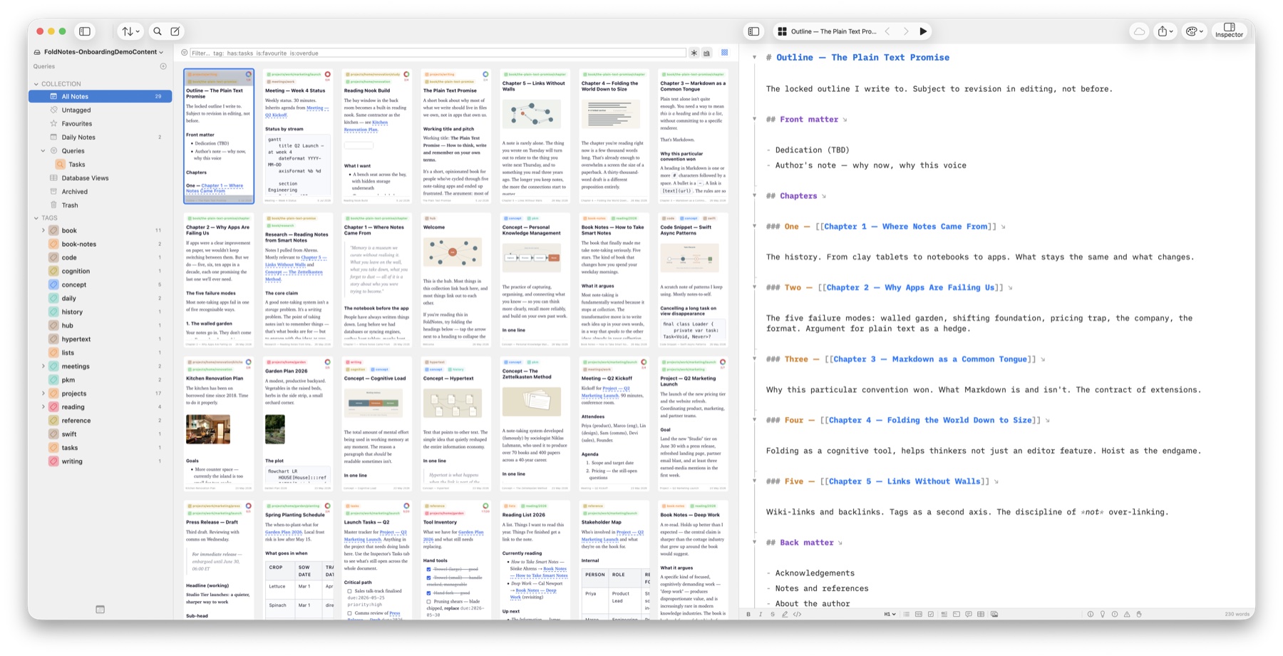 FoldNotes gallery at 50% card size on a 27-inch display — roughly thirty chapter and scene cards in eight columns, with the manuscript outline open in the editor beside them