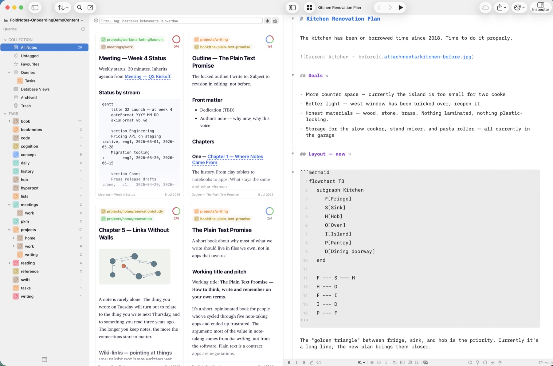 FoldNotes on macOS: gallery of note cards with task-progress rings beside the markdown editor and tag sidebar
