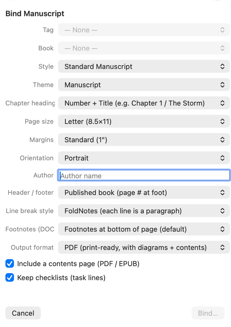 FoldNotes Bind Manuscript dialog: style, theme, chapter heading, page size, margins, output format, and contents-page options