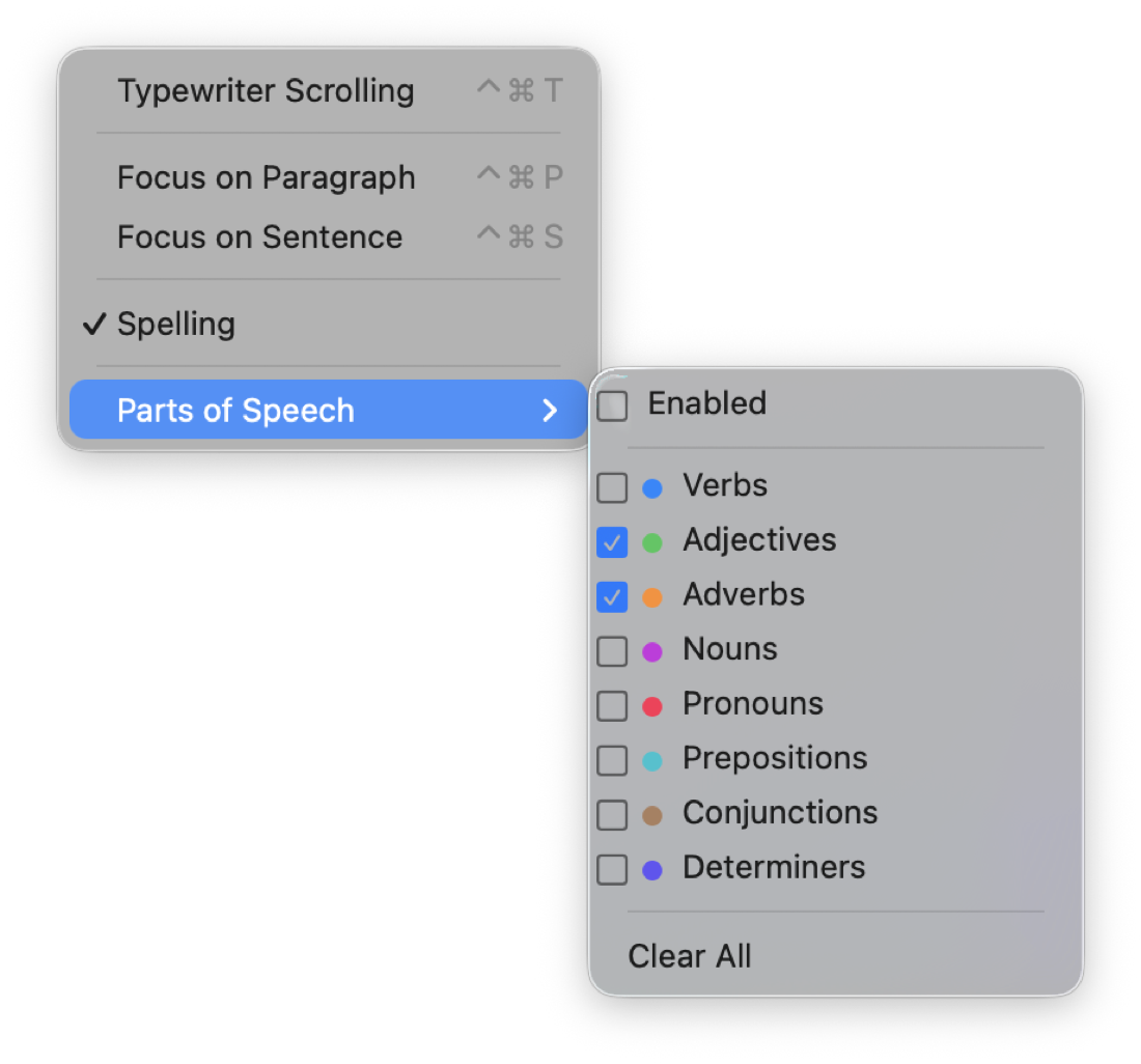 FoldNotes Parts of Speech menu with colour-coded verbs, adjectives, adverbs, nouns and more