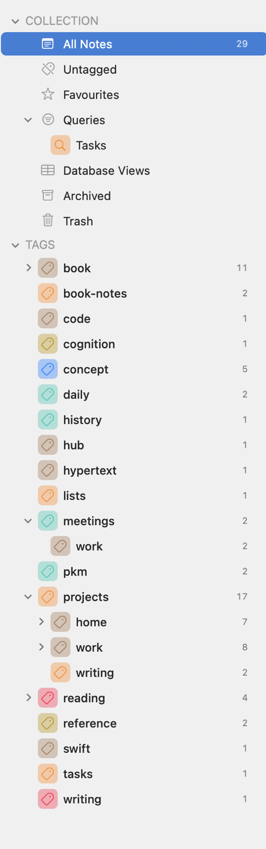 FoldNotes sidebar showing the collection navigation and a nested, colour-coded tag tree