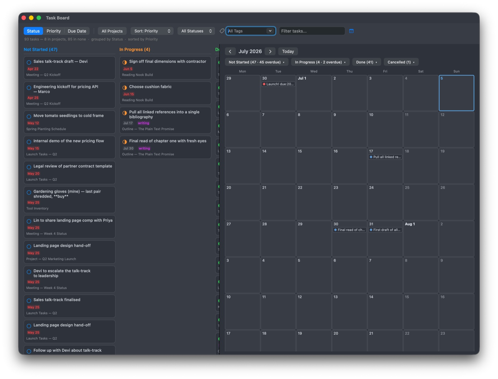 FoldNotes Task Board: kanban columns for task status beside a month calendar