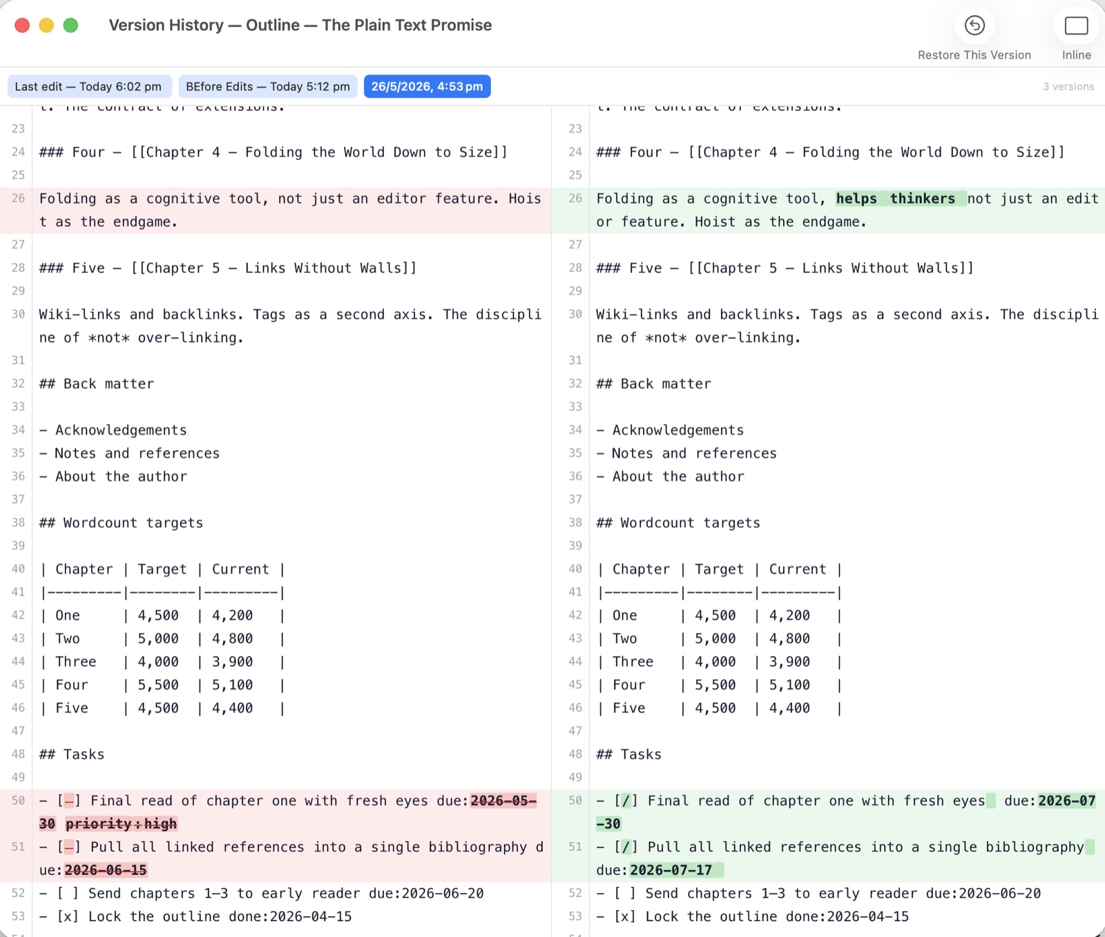 FoldNotes Version History diff viewer comparing two versions of a note side by side